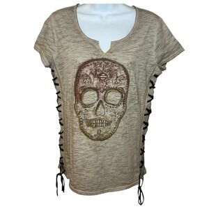 Harley-Davidson Womens Small Sugar Skull Lace Up Side Top Beige 96011-18VW